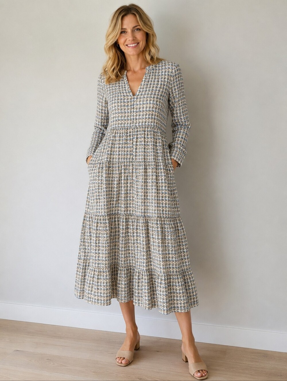❤️ HAMPTON HOUSE TIERED LONG SLEEVE MIDI DRESS, SMALL - Picture 1 of 11